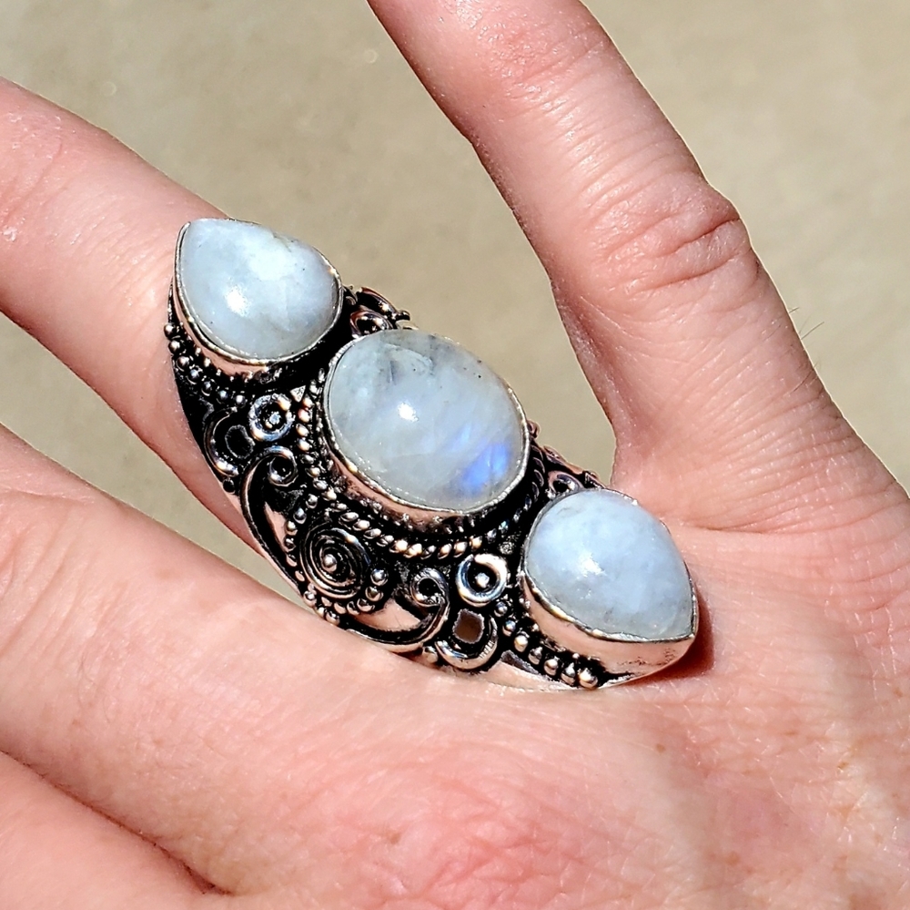 New Rainbow Moonstone 925 Silver Statement Ring.